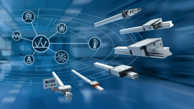 A selection of Rexroth linear guides on a blue, technological background with icons symbolizing different application areas.
