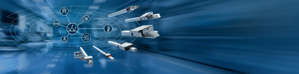 A selection of Rexroth linear guides on a blue, technological background with icons symbolizing different application areas.