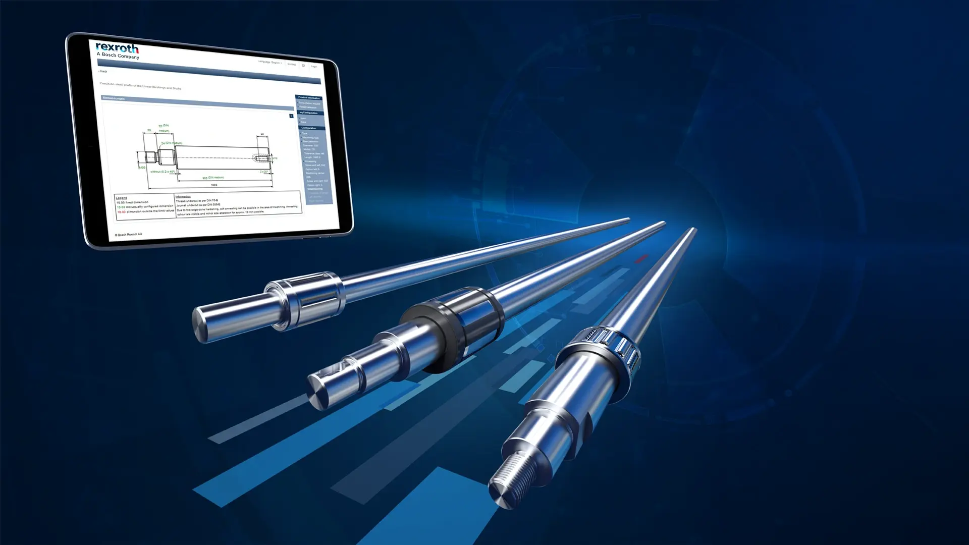 The image shows three linear bushings and shafts, each with different end machining, as well as a screen showing the LT Selector tool. 