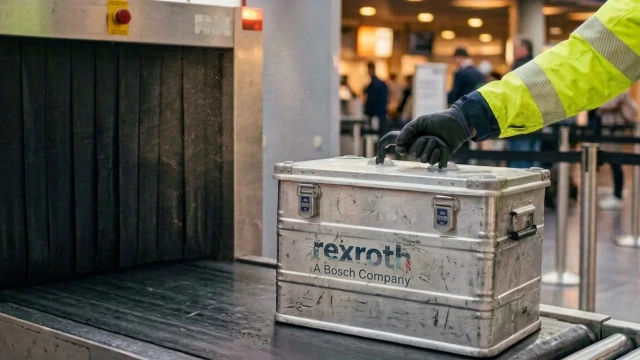 Materialkiste von Bosch Rexroth bei der Sicherheitskontrolle am Flughafen (KI-generiert)