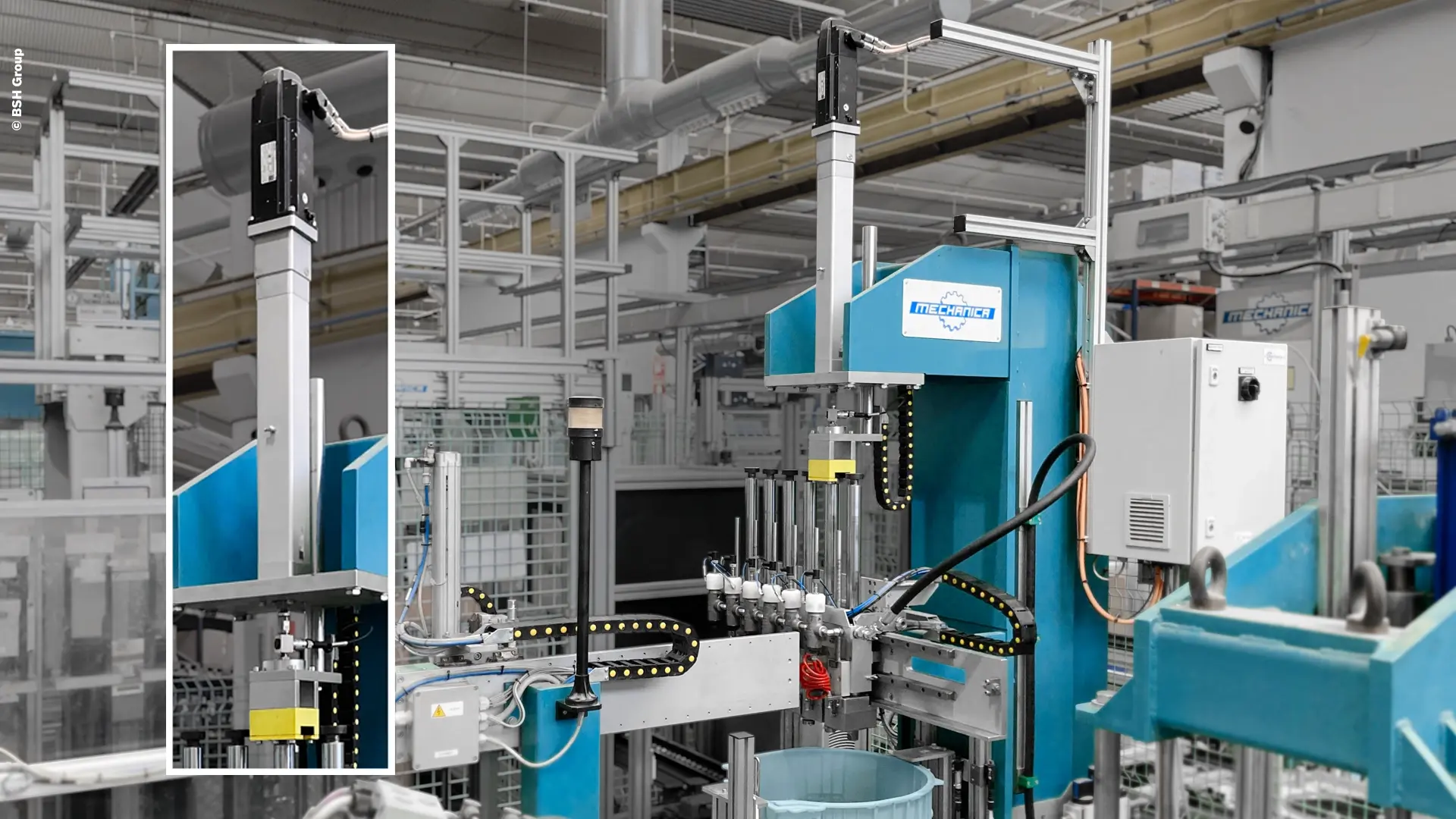 The picture shows a smart servo press that is used in washing machine production to reliably fix a critical seal between the drum shaft and water container that holds the water in the machine.