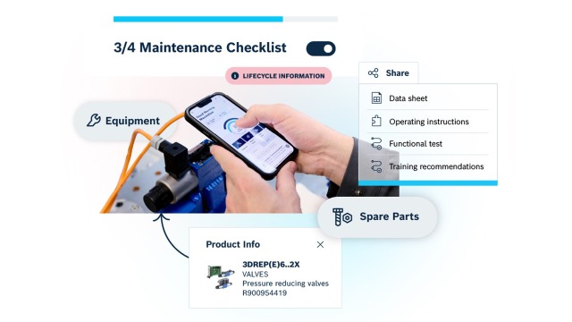 Eine Szene, die demonstriert, wie mühelos ein Servicetechniker mit dem Hydraulic Hub Rexroth-Hydraulikkomponenten identifizieren und auf alle relevanten Produktinformationen zugreifen kann.