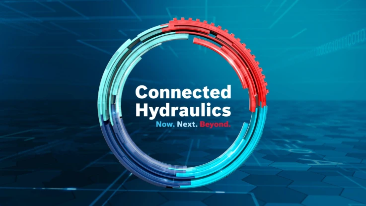 Circular graphic design with interlocking red and blue segments, accompanied by the text "Connected Hydraulics"