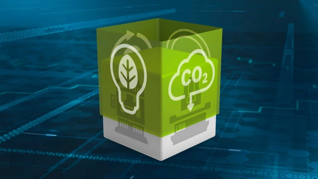 A cube with sustainability Icons on the sides.