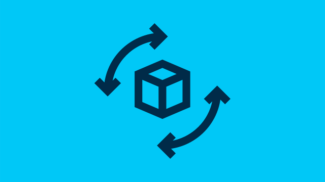 Icon with 3D cube as product and circular arrows as symbol for life cycle phase Disassembly & Recycling.