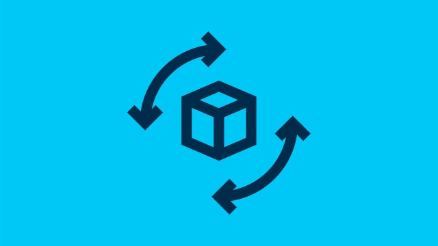 Icon with 3D cube as product and circular arrows as symbol for life cycle phase Disassembly & Recycling.