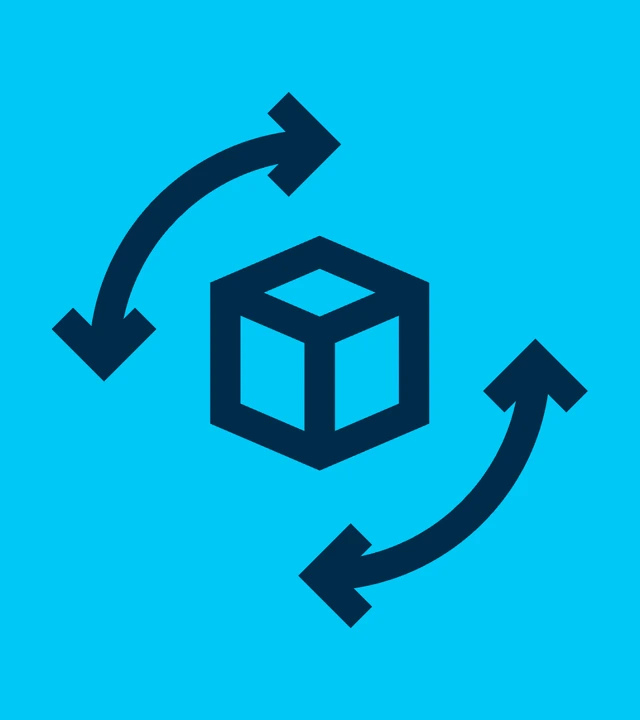 Icon with 3D cube as product and circular arrows as symbol for life cycle phase Disassembly & Recycling.