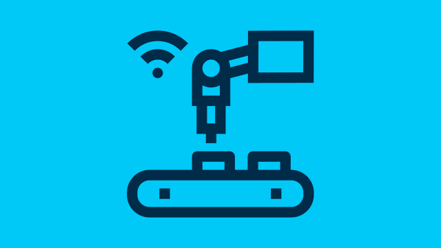 Icône représentant deux produits sur une ligne de montage, un bras de robot et un réseau sans fil, qui symbolisent la phase de production.