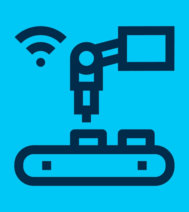 Icon with assembly line, 2 products, a robot arm and WLAN can be seen, this is used as a symbol for the life cycle phase production.