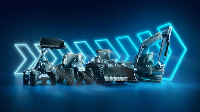  A lineup of four heavy construction vehicles is illuminated by blue neon arrows in the background. The vehicles include loaders and an excavator.