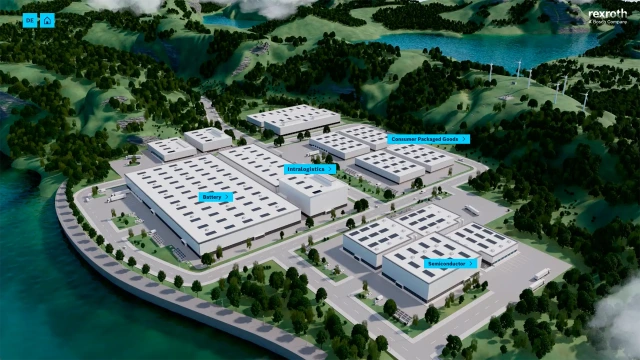 Aerial view of an industrial complex with multiple large buildings labeled for different sectors: Battery, Intralogistics, Consumer Packaged Goods, and Semiconductor. The complex is surrounded by greenery and hills, with wind turbines visible in the background.