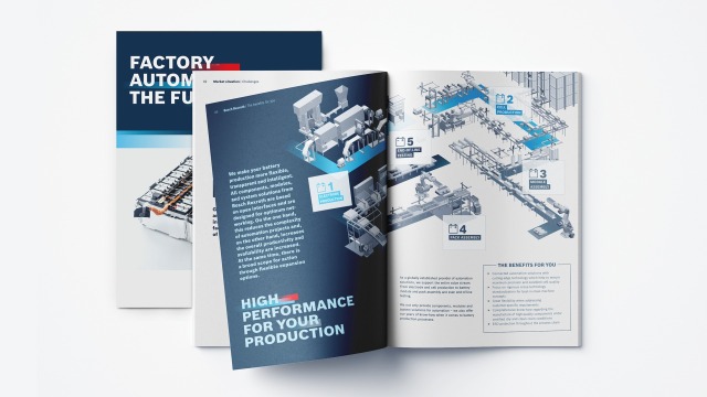 Omslag på broschyr om batteriproduktion uppslagen på sida om höga prestanda i din produktion
