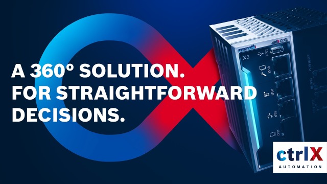 位於深藍色背景上的 ctrlx Automation 標誌，並帶有一個 Dev-Ops 圖示與「A 360 degree Solution.For Straightforward decisions.」廣告詞。