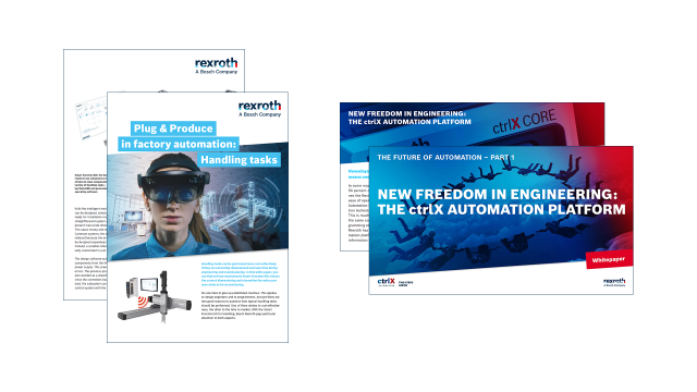 Omslag til to brochurer om Plug & Produce inden for fabriksautomatisering og ctrlX AUTOMATION-platformen