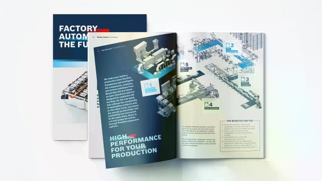 Cover of a brochure on battery production with an open page on high performance for your production