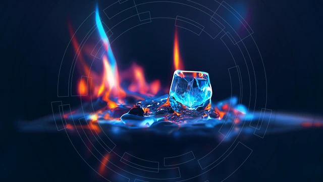 Eiswürfel im Feuer symbolisieren die thermische Kompensation von Lineartechnik Komponenten