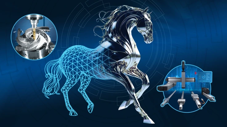 Metallic horse symbolizes high precision milling with Linear Motion Technology and future-oriented process automation.