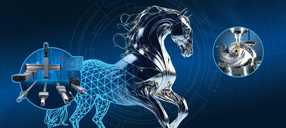 Metallisches Pferd symbolisiert hochpräzises Fräsen mit Lineartechnik und zukunftsorientierte Prozessautomation.