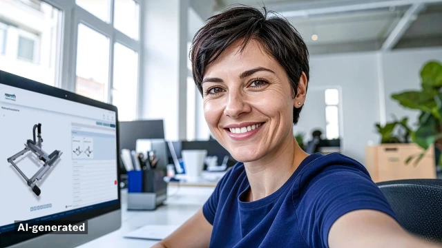 Frau macht ein Selfie am Schreibtisch in ihrem Büro. Auf ihrem Monitor im Hintergrund ist ein Mehrachssystem von Bosch Rexroth zu sehen.