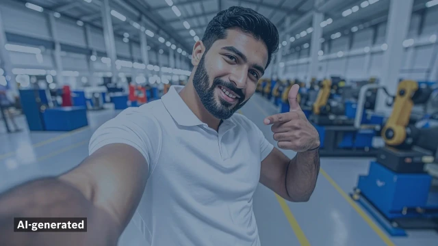 Junger Mann macht ein Selfie in einer Fabrikhalle mit Robotern im Hintergrund.
