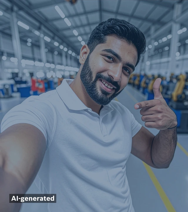Junger Mann macht ein Selfie in einer Fabrikhalle mit Robotern im Hintergrund.