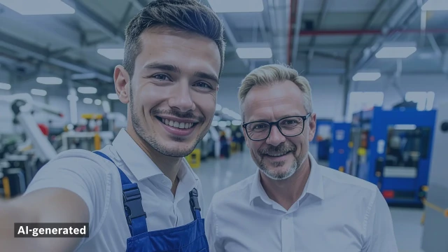 Zwei Kollegen, ein junger ein älterer, machen ein Selfie in einer Fabrikhalle.