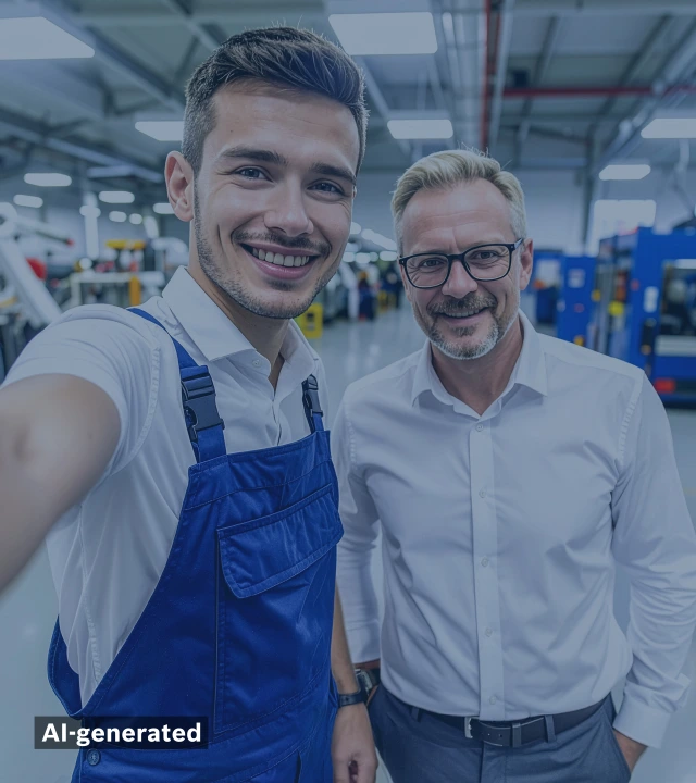 Zwei Kollegen, ein junger ein älterer, machen ein Selfie in einer Fabrikhalle.
