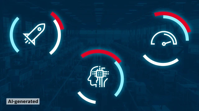 Infografik, die die Benefits der mechatronischen Lösungen: Schneller starten. Zukunft sichern. Produktivität steigern. in Form von Icons darstellt. 