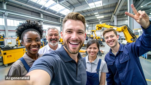 Diverse team taking a selfie on a factory floor, with industrial robots in the background.