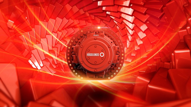 Hägglunds Quantum motor on red graphic background