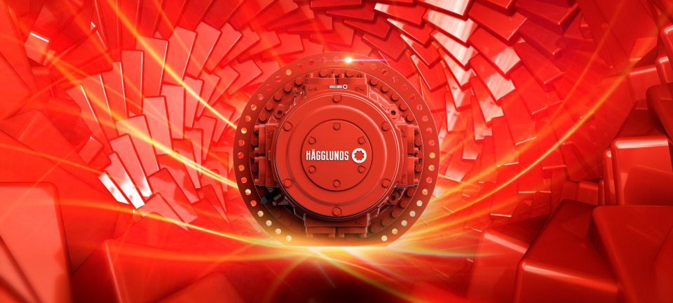 Hägglunds Quantum motor on red graphic background
