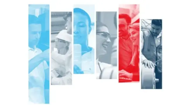 Collage of diverse professionals in industrial and collaborative work environments, shown in vertical color-tinted segments on a white background