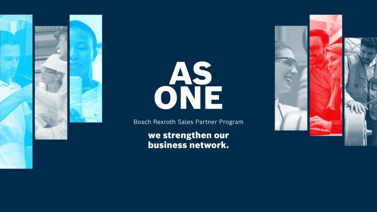 Visual of the Bosch Rexroth Sales Partner Program with the slogan 'AS ONE – we strengthen our business network', featuring diverse professionals in vertical color-tinted segments