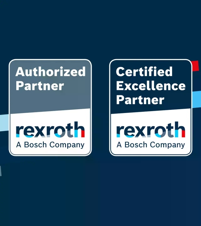 Logos of the Bosch Rexroth partner programs "Authorized Partner" and "Certified Excellence Partner", with dynamic background elements in blue and gray.