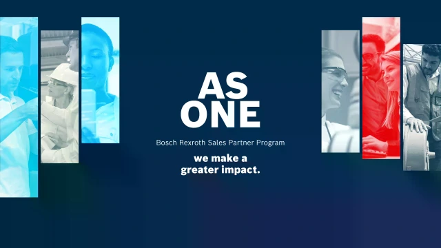 Visual of the Bosch Rexroth Sales Partner Program with the slogan 'AS ONE – we make a greater impact'.