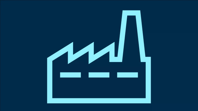 Fabrikhallen-Symbol, das die Herstellungsphase eines Produktlebenszyklus darstellt.