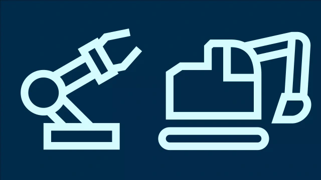 Symbole eines Baggers und eines Roboterarms , die die Nutzungsphase eines Produktlebenszyklus darstellen.