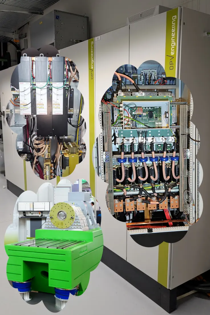Collage von Industrieschaltschränken und Maschinenteilen, mit OPVengineering-Branding. 
