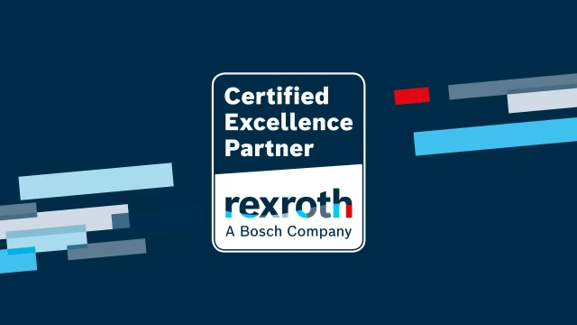 Logos of Bosch Rexroth’s Certified Excellence Partner program, with dynamic background elements in blue and gray