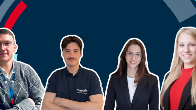 Unsere vier Trainees vor Rexroth-Hintergrund mit dem Text "Meet our Trainees"