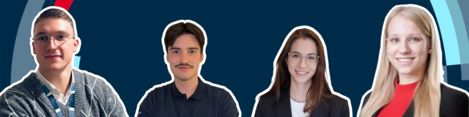 Unsere vier Trainees vor Rexroth-Hintergrund mit dem Text "Meet our Trainees"