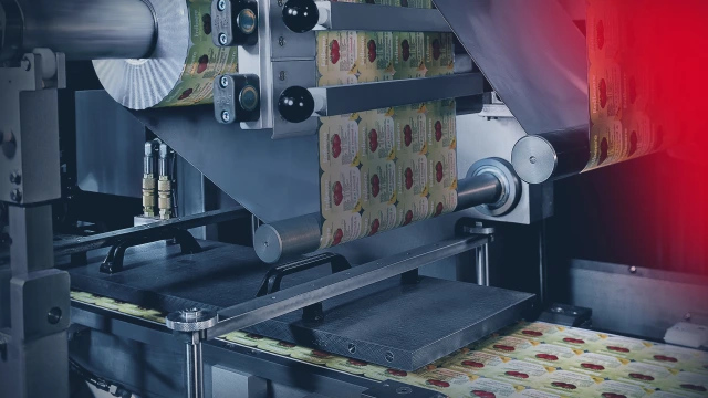 The picture shows a machine that produces packaging.