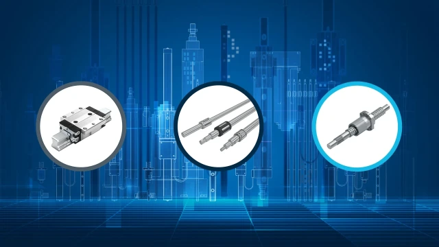 The image shows profiled rail systems and screw drives.