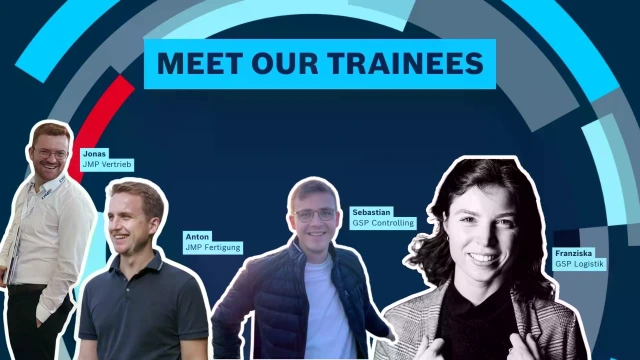 Unsere vier Trainess Jonas, Anton, Sebastian und Franziska vor Rexroth-Hintergrund mit dem Text "Meet our Trainees"