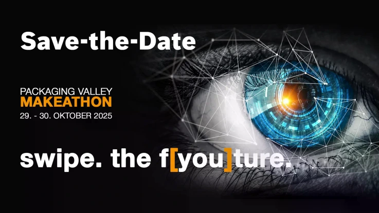 Digitales Auge neben dem Text "Packaging Valley Makeathon 29. - 30. Oktober 2025"