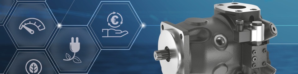Keyvisual der Pumpenplattform - eine graue Pumpe vor blauem Hintergrund mit weißen Symbolen.