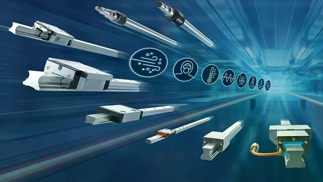 Zwei Rexroth-Mitarbeitende stehen vor einem dunkelblauen Hintergrund, daneben mehrere Linearführungen und Symbole.