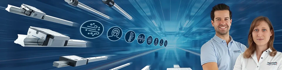 Zwei Rexroth-Mitarbeitende stehen vor einem dunkelblauen Hintergrund, daneben mehrere Linearführungen und Symbole.
