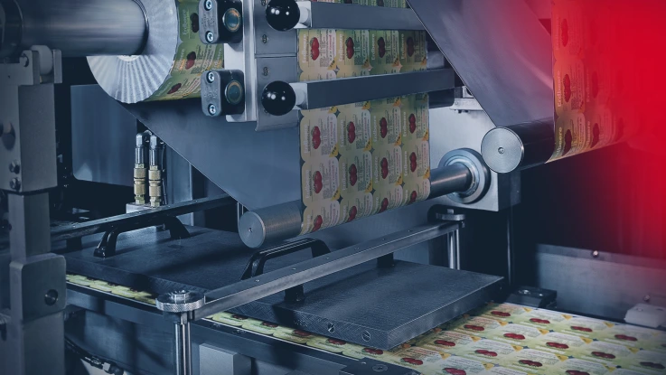 Food packaging machine with strawberry labels