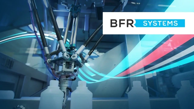 Robotic arm above bottles in a packaging line with the BFR Systems logo.